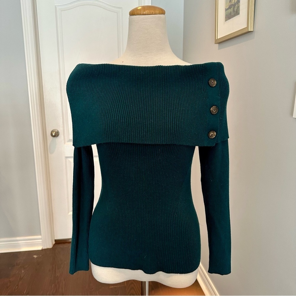 BANANA REPUBLIC Gorgeous Teal Ribbed Off-the-Shoulder Long Sleeve Sweater